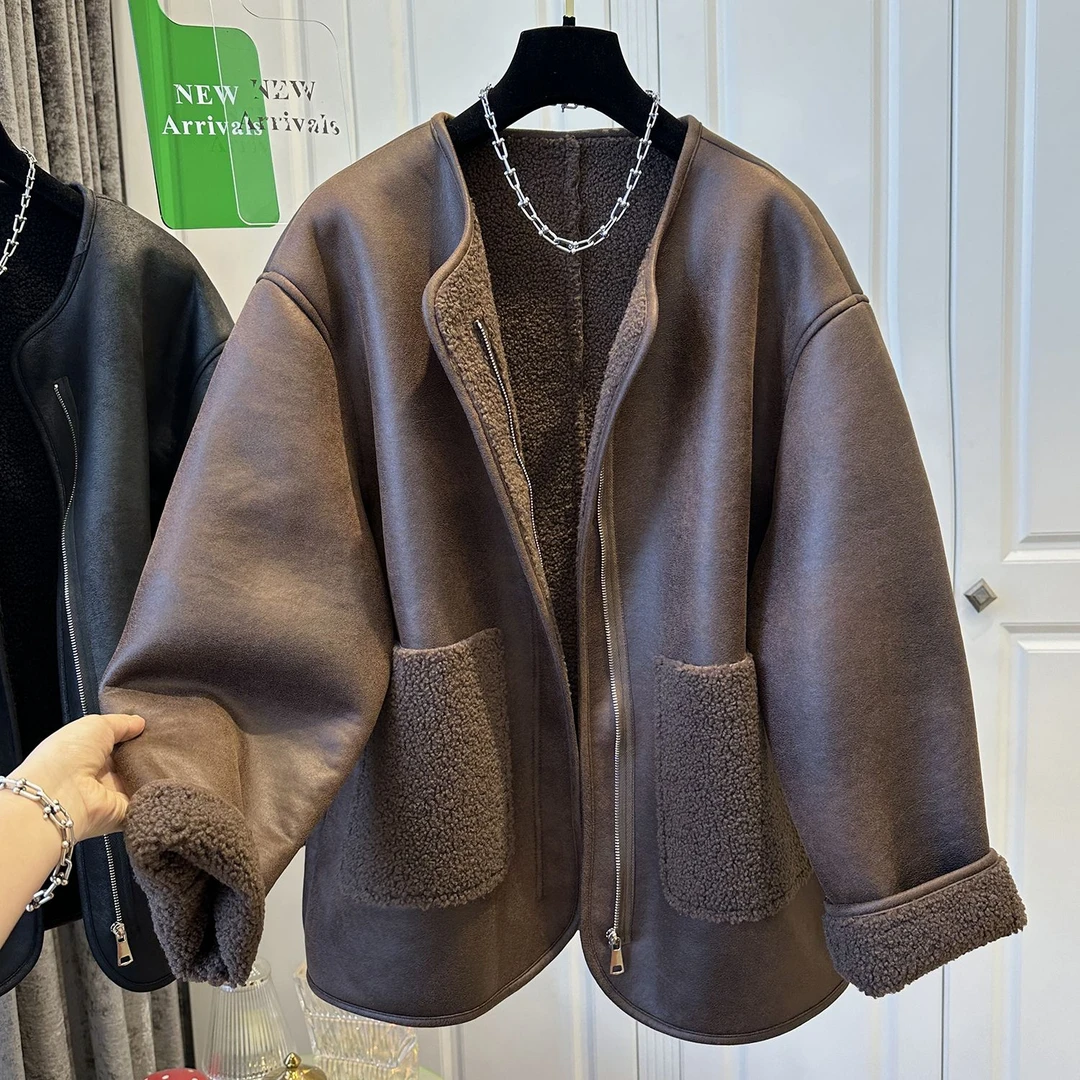 大码超好看拉链皮毛拼接一体圆领外套女上衣保暖休闲2024冬季爆款
