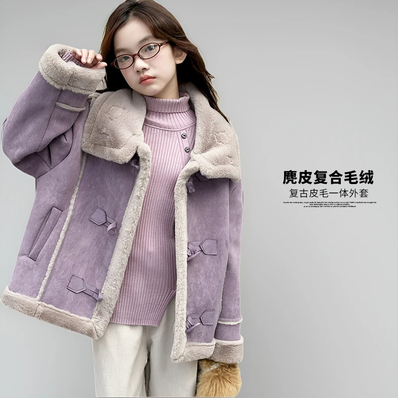 女大童加绒加厚冬季保暖女童韩版百搭休闲儿童麂皮绒拼接上衣