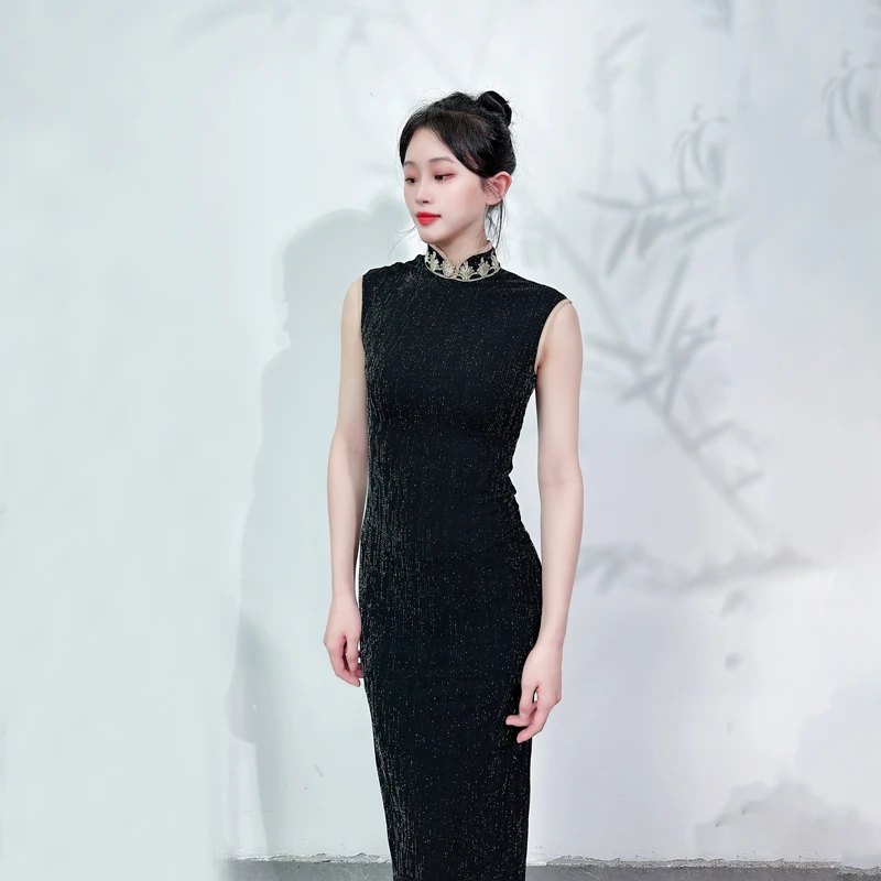 XT886 舞姿翼黑色简约修身形体礼仪T台走秀旗袍蕾丝网红气质时尚