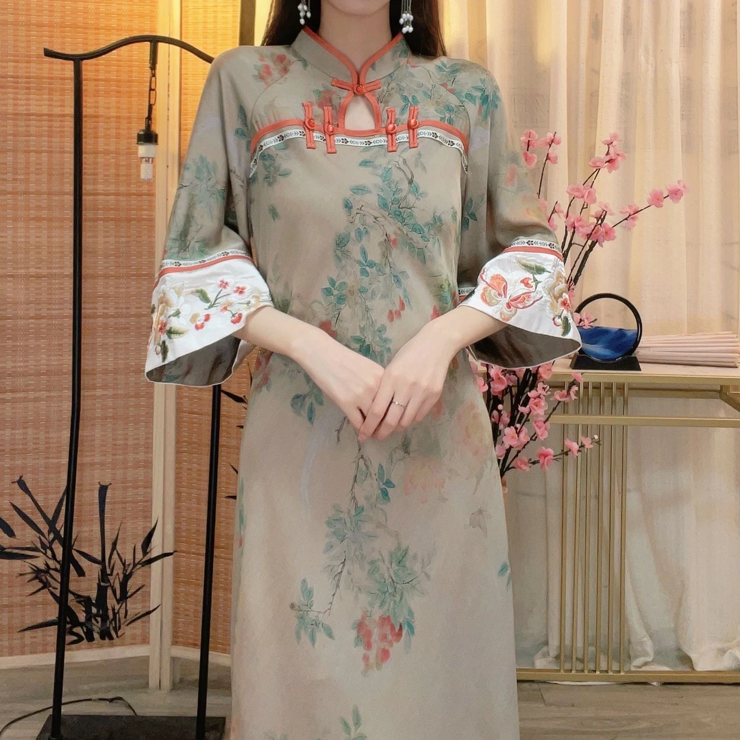 羽唐名2024年夏季中式文艺古法复古显瘦斜裁汉服旗袍（3597）