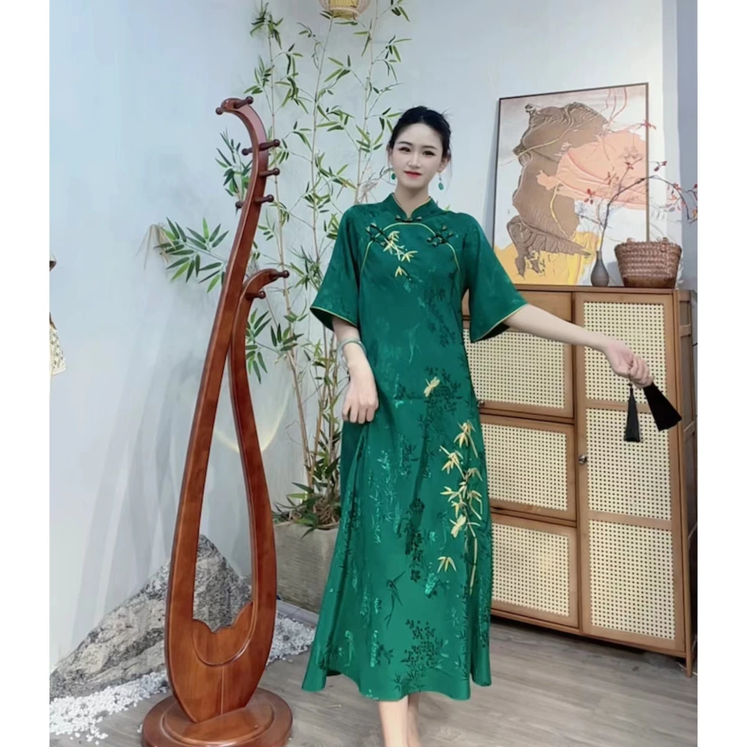 代佳莉2025年夏季中式文艺古法复古显瘦斜裁汉服旗袍（7158）