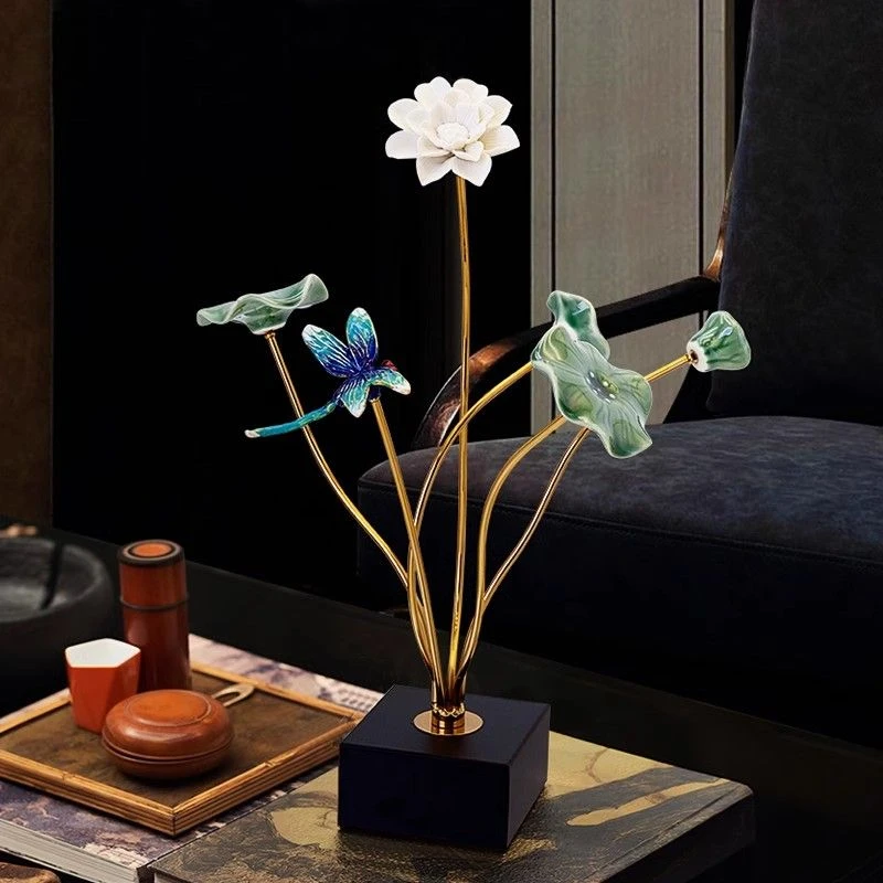 荷花摆件家居饰品客厅酒柜新古典高端茶室禅意陶瓷装饰品轻奢莲花