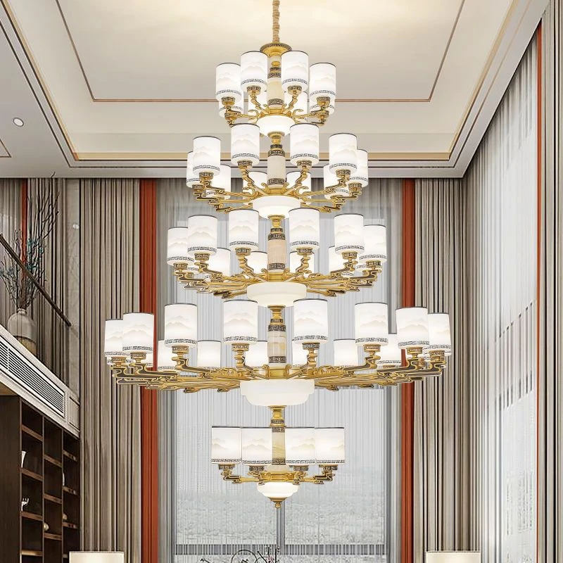 别墅新中式大吊灯复式楼客厅楼中楼中国风自建房挑空跃层玉石吊灯