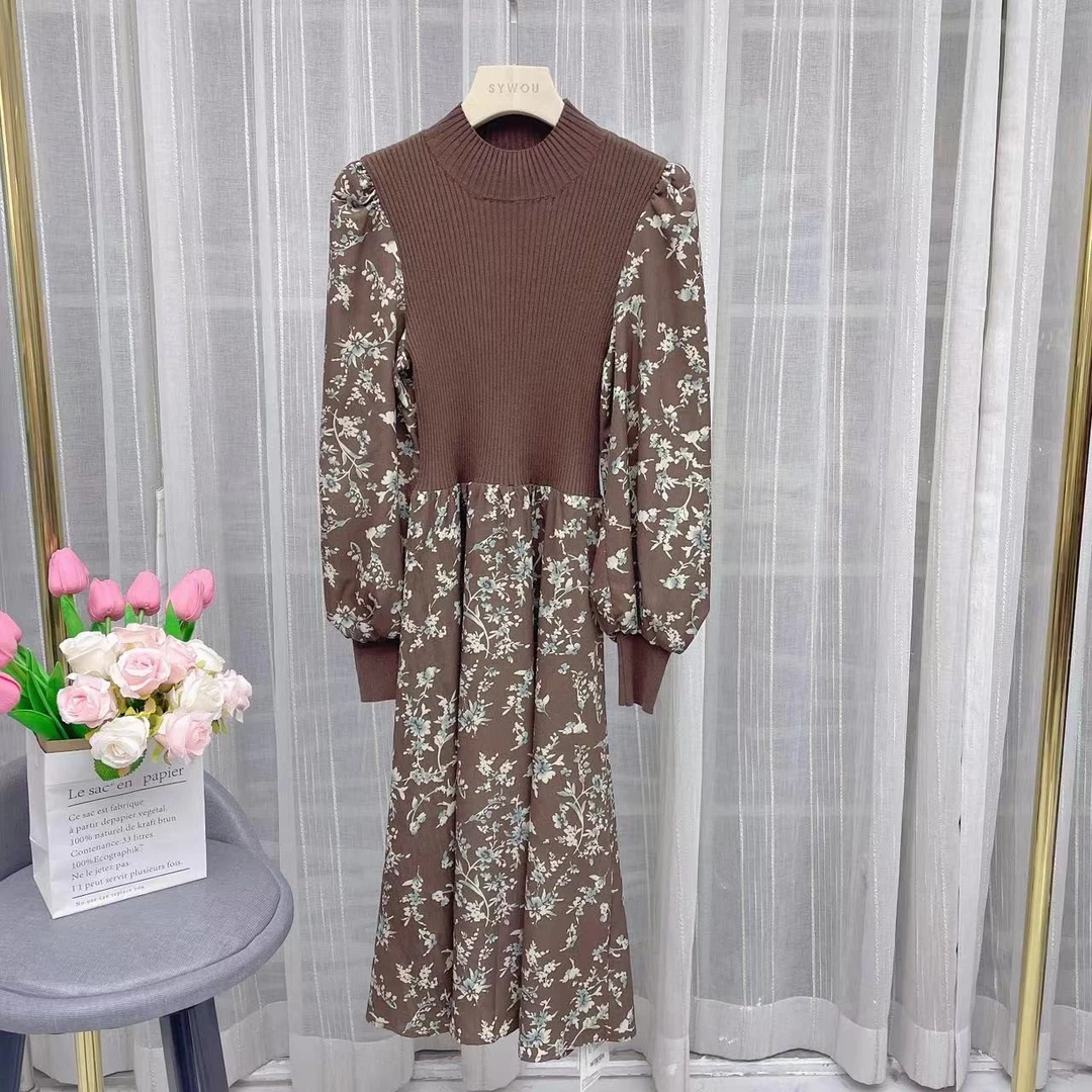 茜舞印花拼接针织连衣裙女2024时尚中长裙【513625】