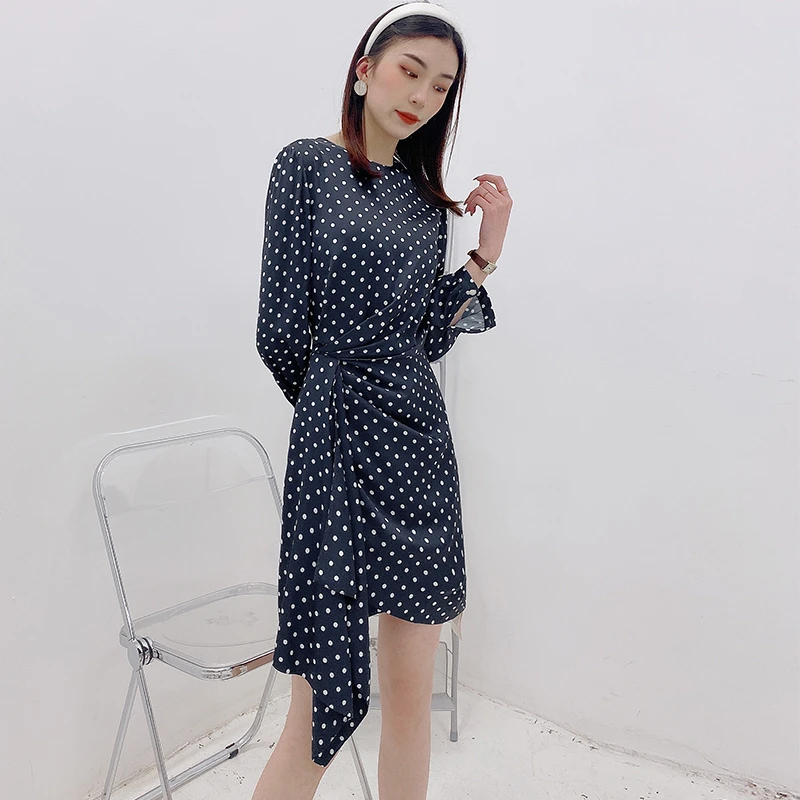 茜舞圆波点连衣裙女2024不规则中长裙【113559】
