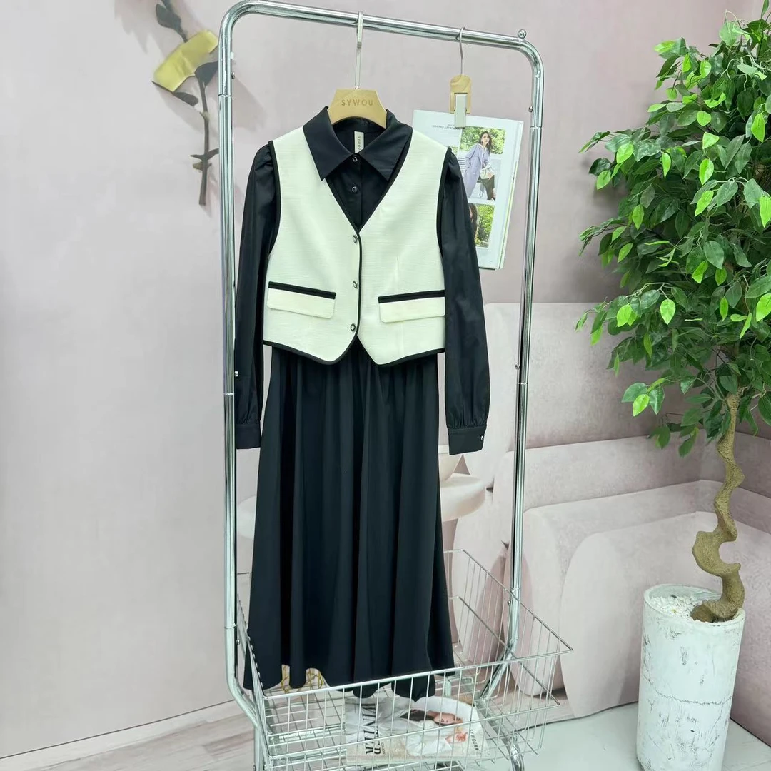 茜舞2025新款马甲连衣裙两件套时尚显瘦套装【134226】