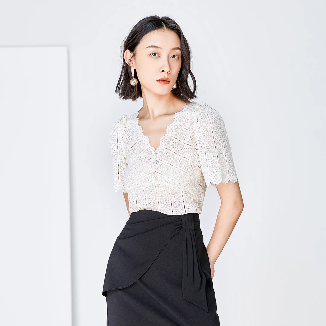 茜舞蕾丝衫女2024时尚气质镂空百搭设计感衬衫上衣【221513】