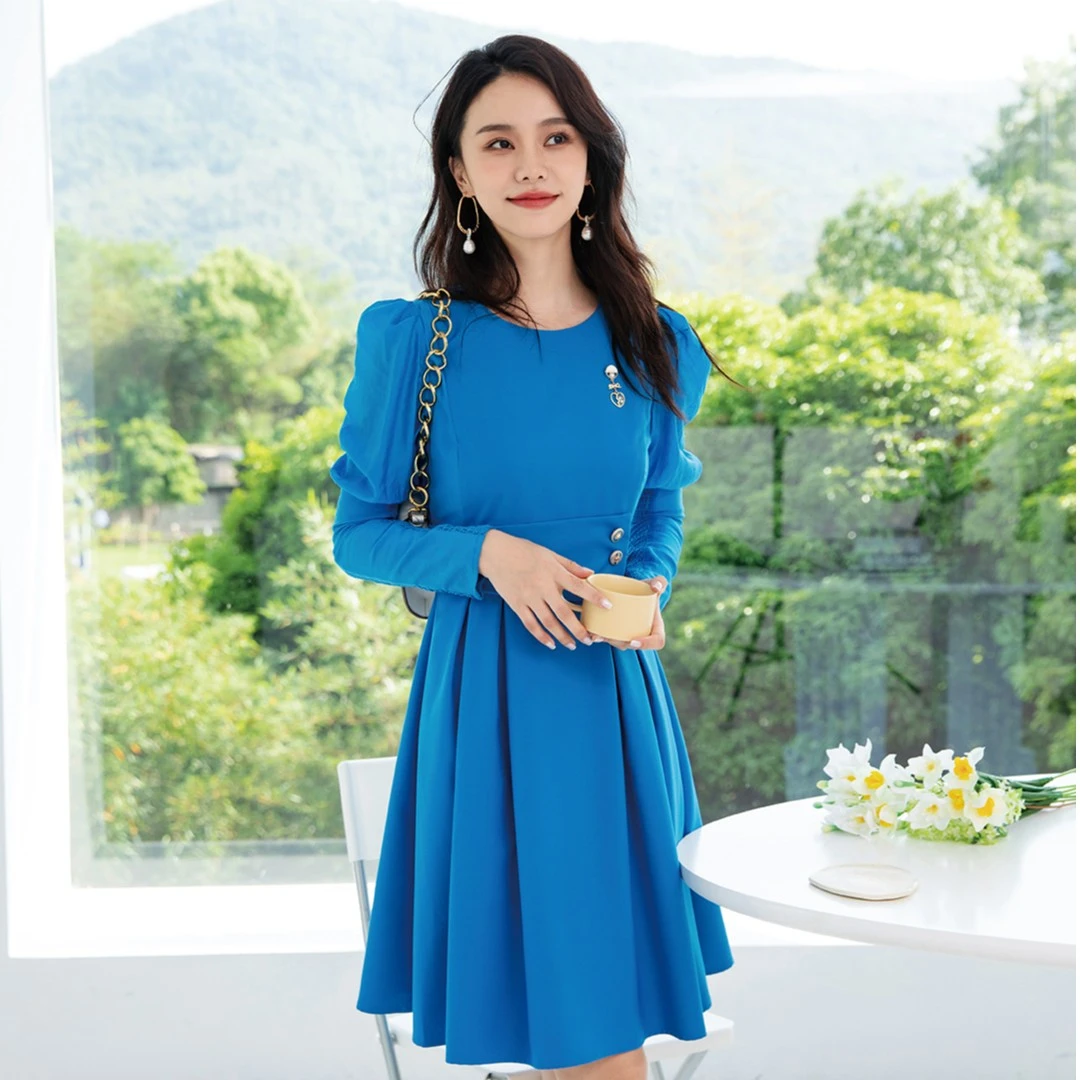茜舞长袖连衣裙女2025新款纯色中长裙【323560】