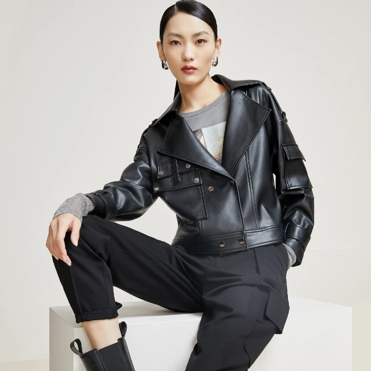 茜舞皮衣女2024春秋新款纯色百搭机车外套【31G550】