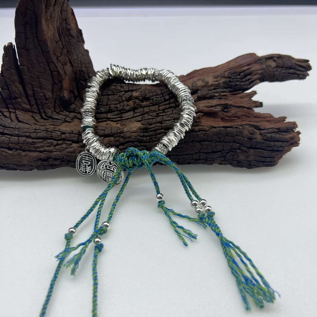 足银手链 29克碎银子 999.9足银绿色盘缠吉祥编绳手链