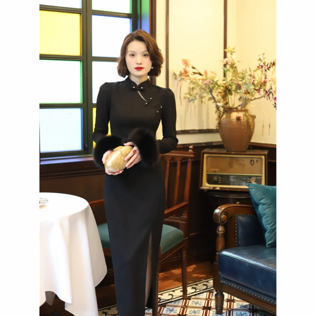 彩彩家【似水流年】气质款秋冬款高端修身复古显瘦黑色优雅改良旗袍