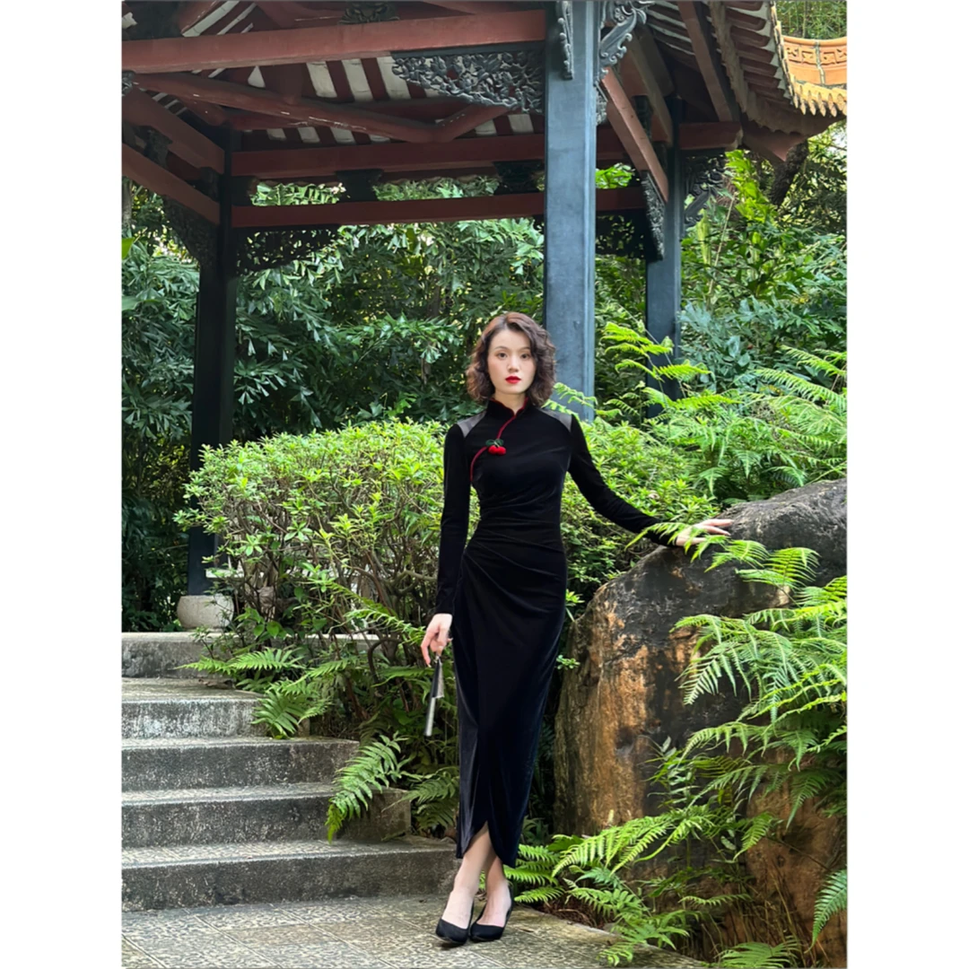 彩彩家【樱桃】气质日常高端修身显瘦黑色复古改良旗袍长款连衣裙