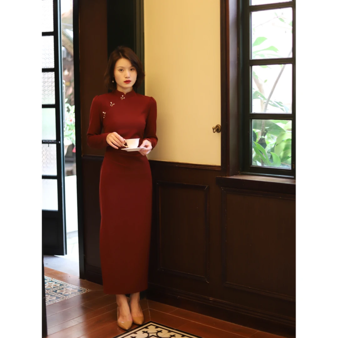 现货【如梦】秋冬季红色喜庆气质优雅显瘦复古优雅收腰改良款旗袍