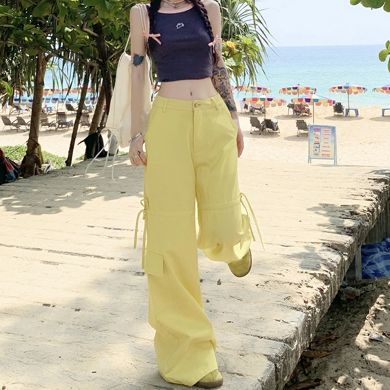 李柒月多巴胺穿搭高腰工装裤女2025冬季抽绳可调节宽松直筒休闲裤