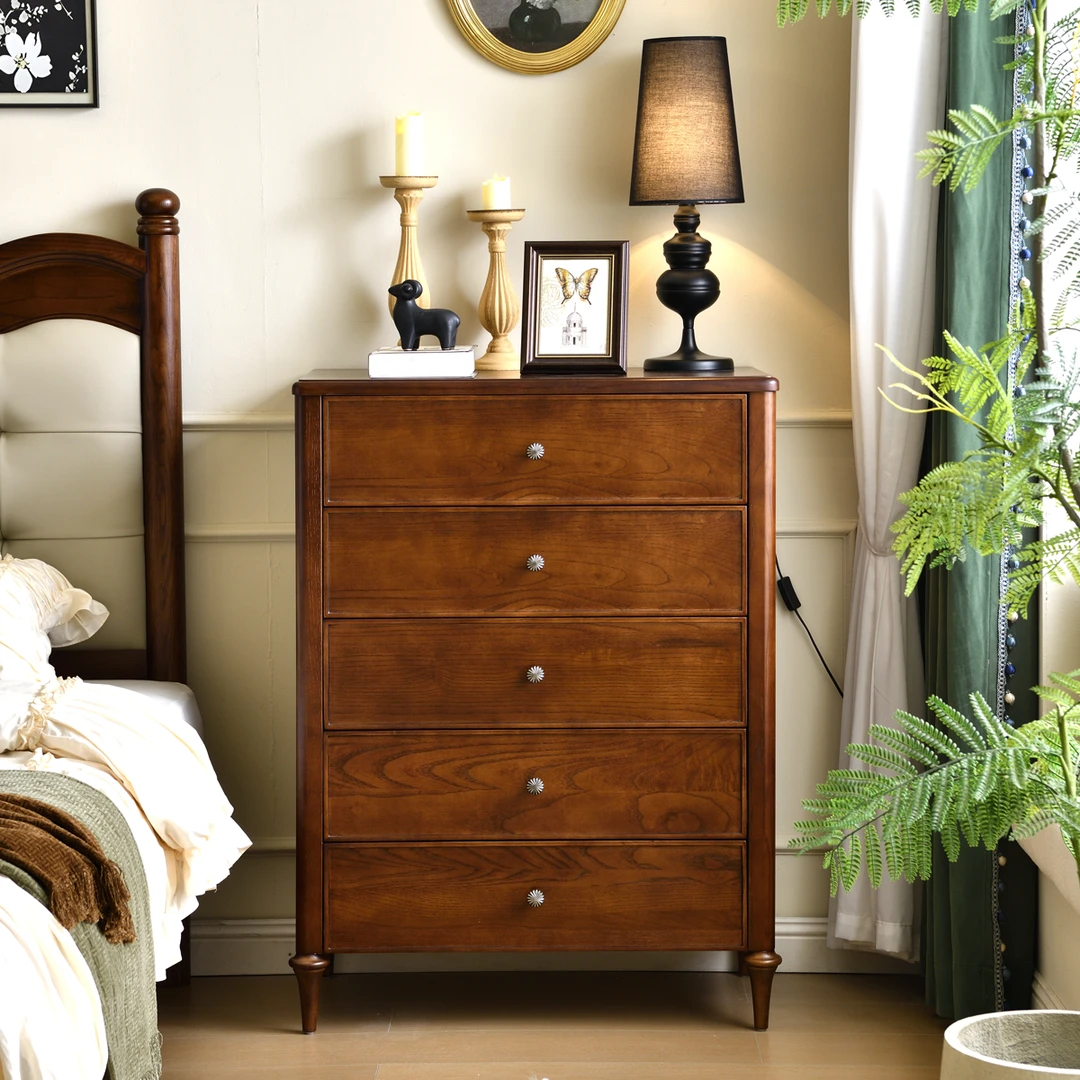 法式复古白蜡木全实木五斗柜储物柜卧室中古风收纳柜客厅家具置物