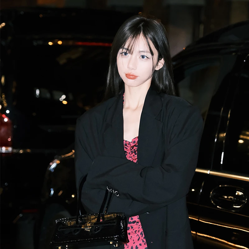 中长款黑色西装外套女春季宽松显瘦oversize休闲上衣FFF23044390