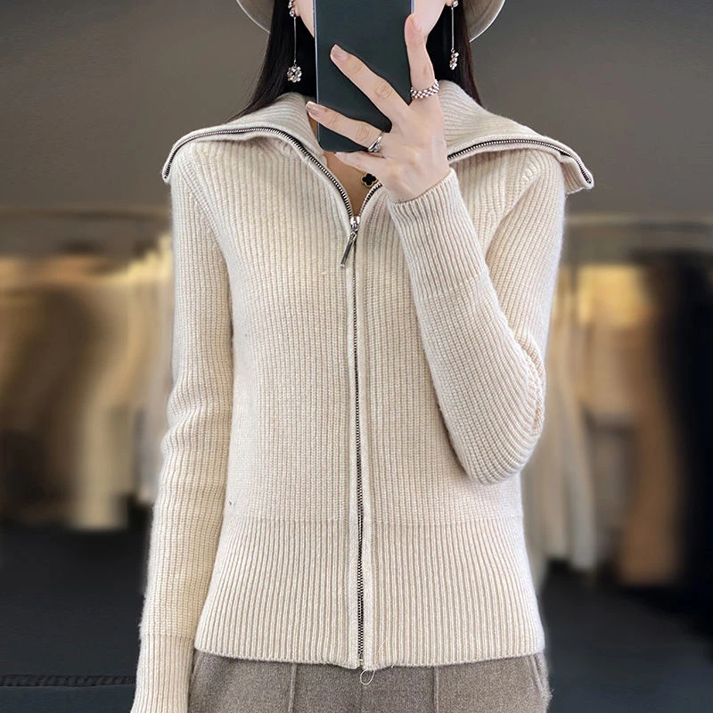 设计感海军领拉链纯羊毛开衫女秋冬新款收腰显瘦设计感针织毛衣