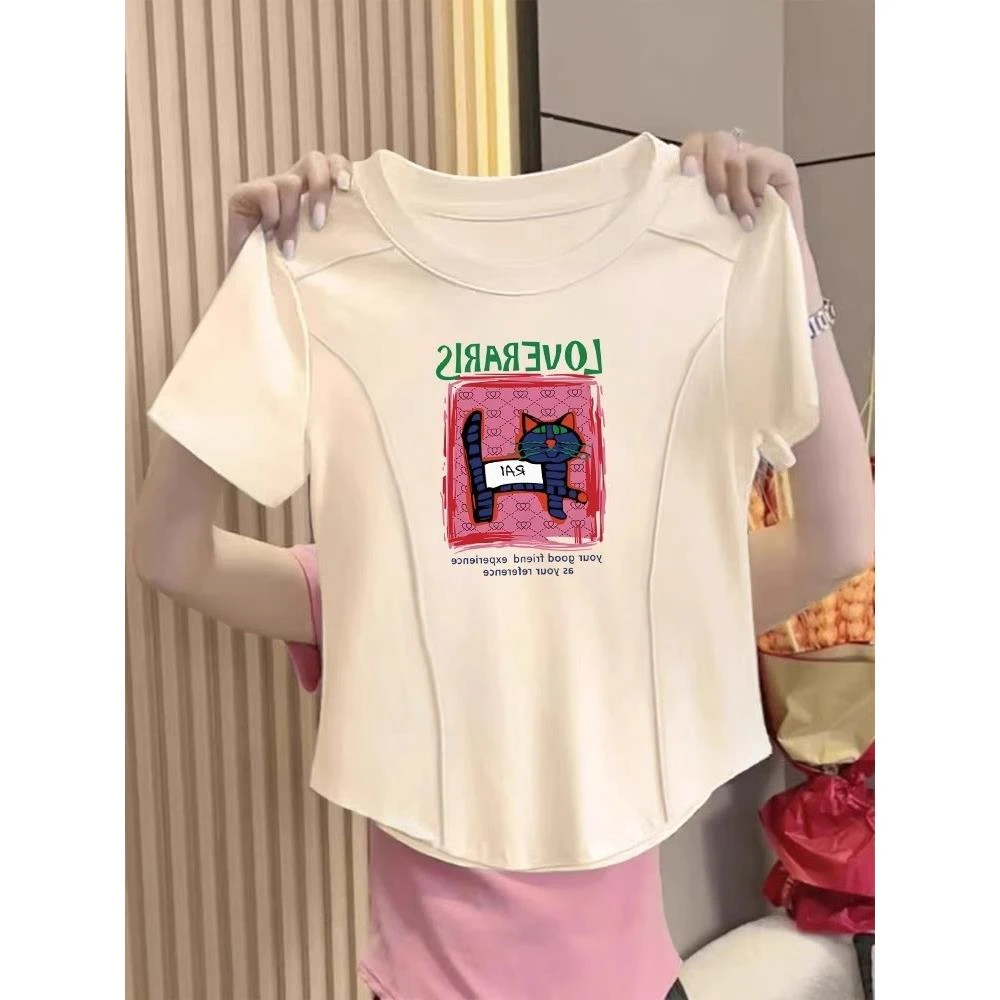 奶油色正肩短袖T恤女夏季法式收腰显瘦卡通印花鱼骨半袖体恤上衣