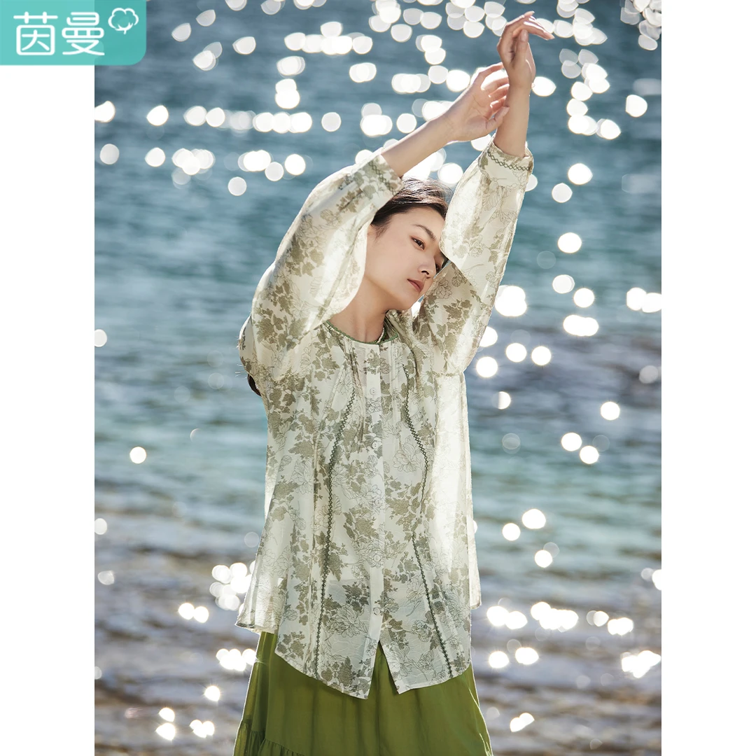 【商场同款】茵曼春秋女衬衫上衣衬衣长袖新款女装碎花宽松印花休闲