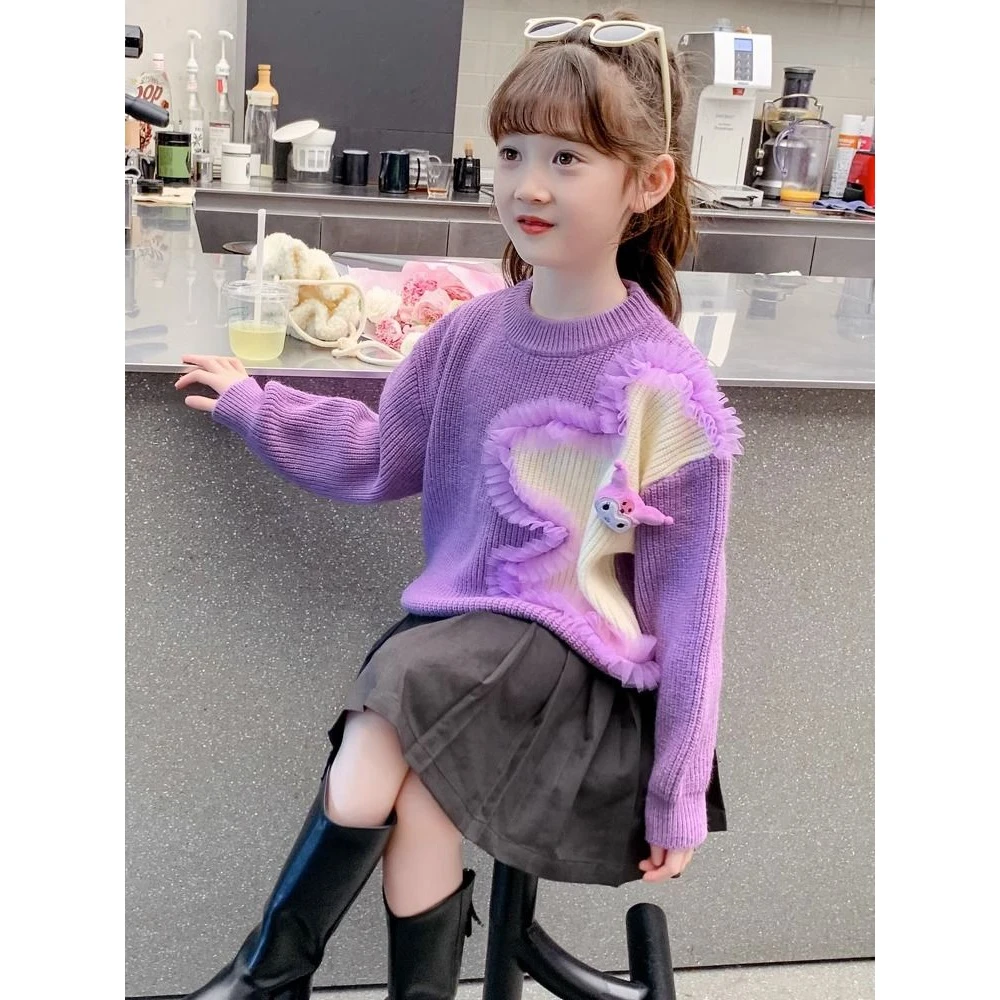 女童秋装毛衣2023新款儿童洋气女孩秋冬卡通拼色爆款针织打底上衣