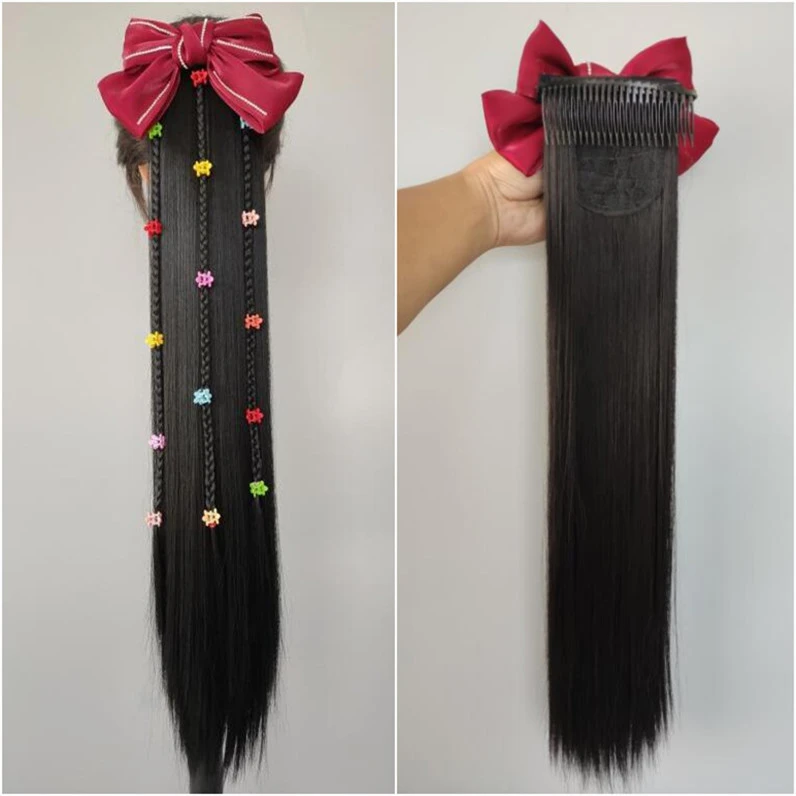 蝴蝶结马尾插梳式带辫子链条蝴蝶结中长直发假发马尾插梳款表演