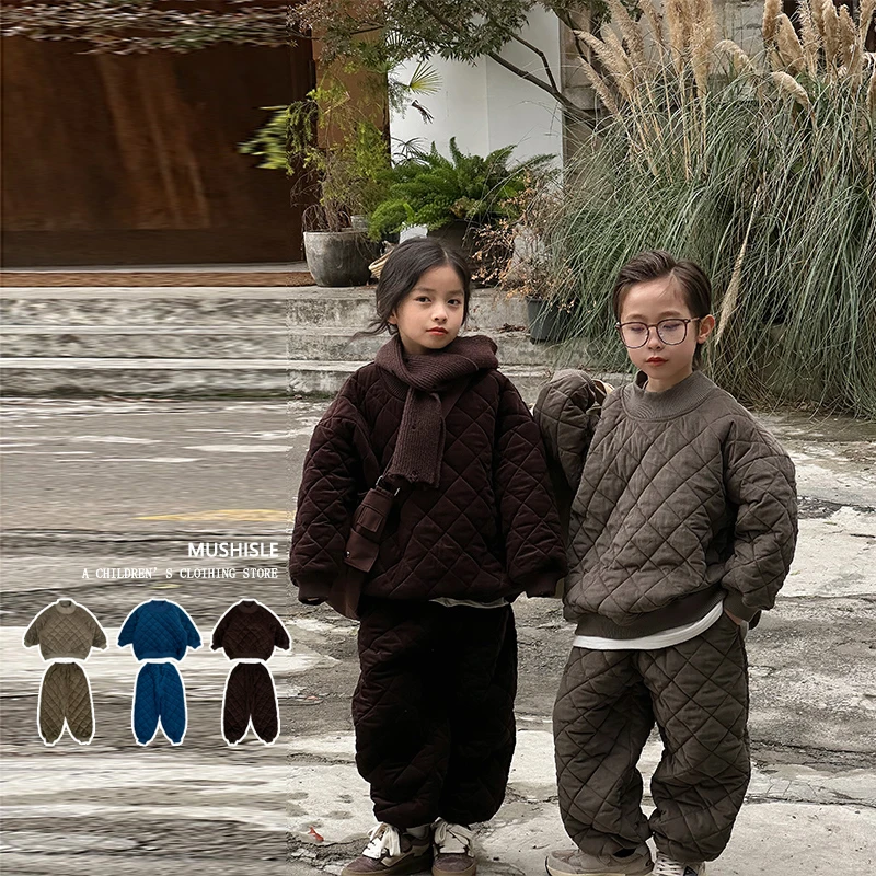 阿又男童春冬两件套套头纯色罗纹领宽松套装长袖复古舒服83267D