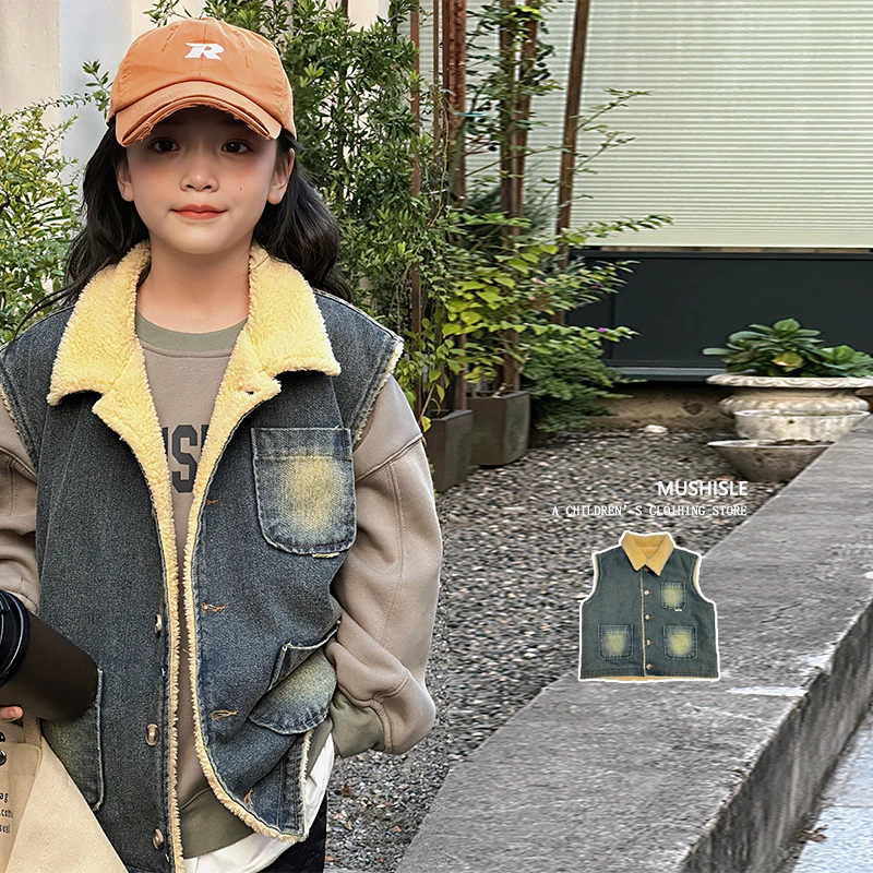 阿又日系男童纯色儿童复古春冬宽松耐看无袖加厚83166D