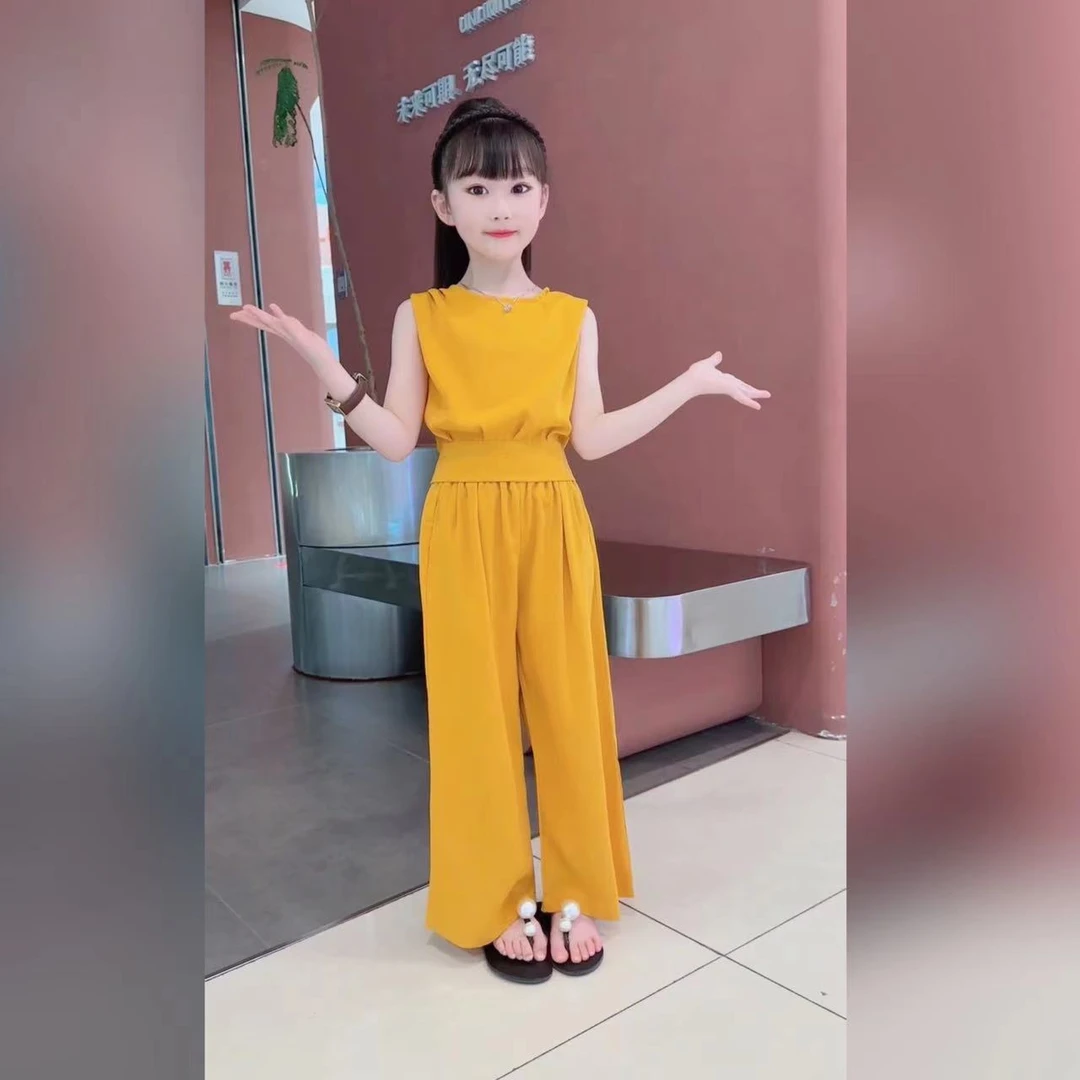 女童新款夏季无袖薄款套装中大童女孩时髦休闲炸街纯色两件套夏装