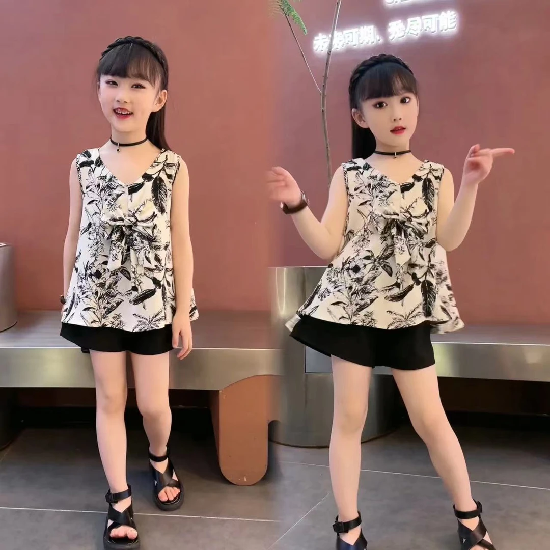 夏季女童短袖T恤2025新款儿童吊带套装女孩衣服童装上衣背心短裤