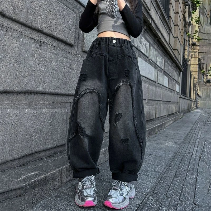 女童牛仔裤春秋款韩版中大童时髦破洞老爹裤儿童秋季复古黑色裤子