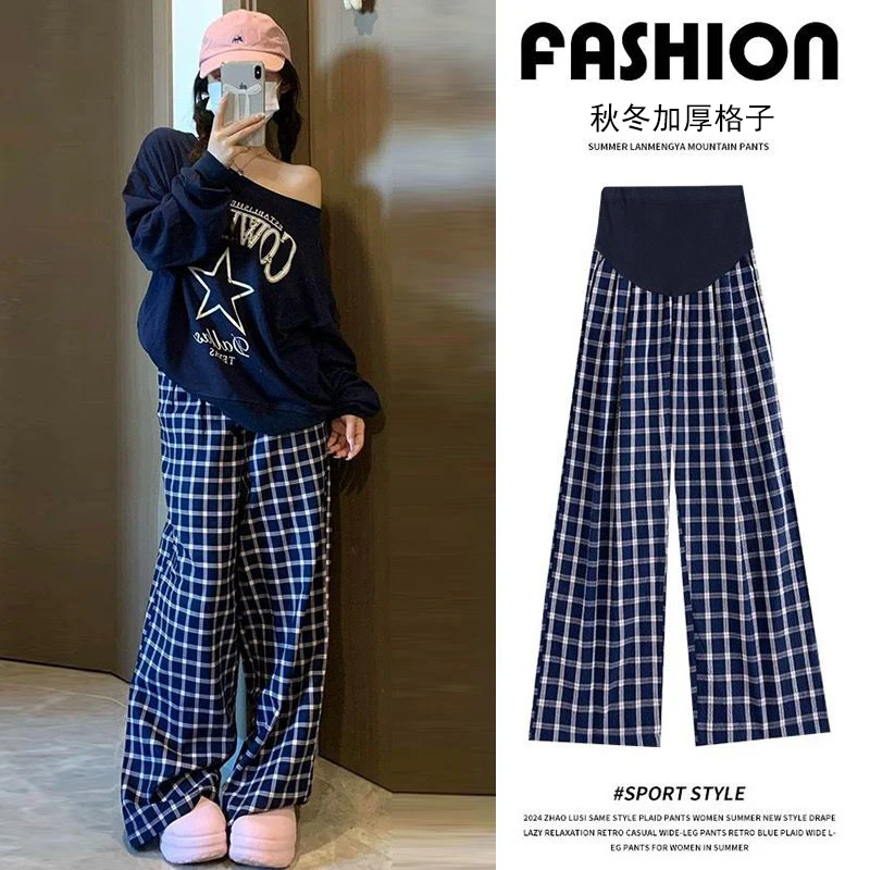 秋冬格子孕妇裤秋季加厚新款慵懒格子拖地裤百搭垂感休闲直筒裤