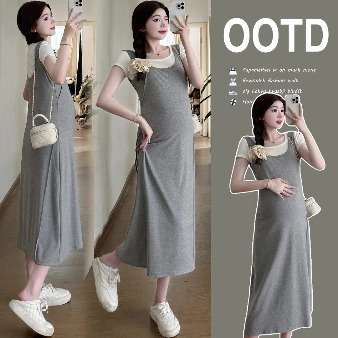 孕妇夏季洋气连衣裙2024新款时尚套装时髦长裙两件套背带裙子夏款