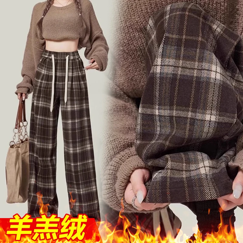 孕妇格子裤女春秋款外穿2024新款复古休闲毛呢阔腿裤秋冬直筒长裤