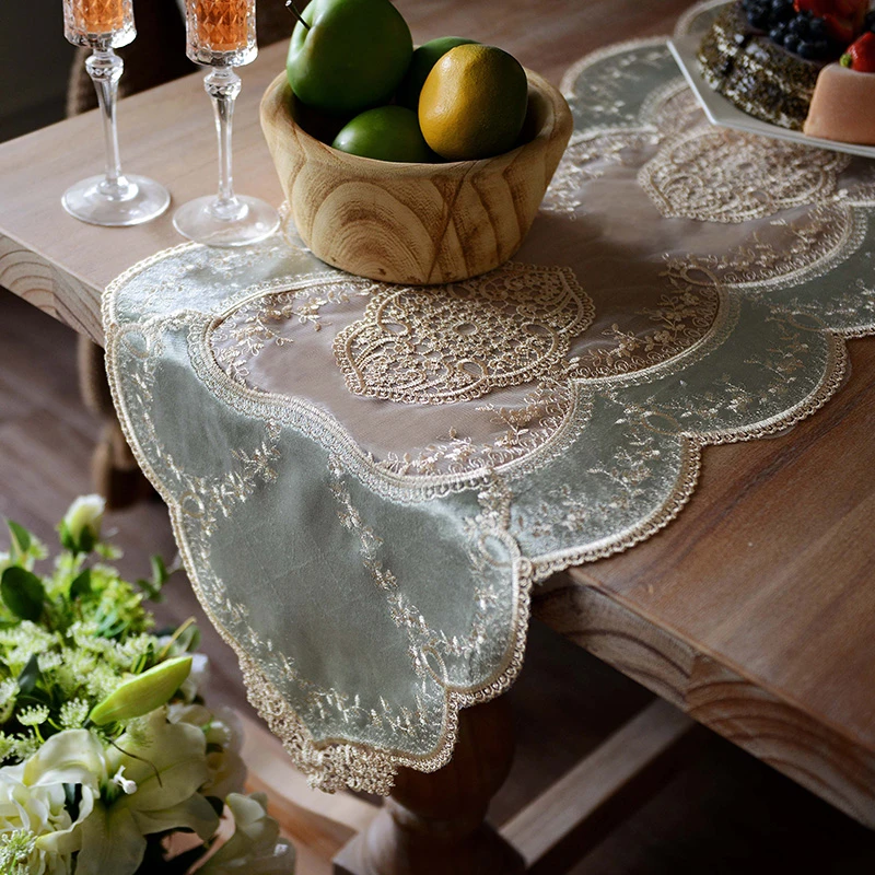 3237桌旗长条桌布电视柜盖巾奢华欧式茶几蕾丝防尘绒布盖布