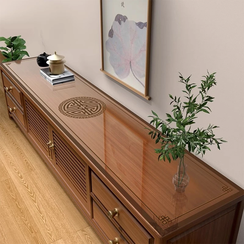 PVC印花电视柜桌布新中式透明软玻璃餐桌垫柜垫防尘防水盖垫