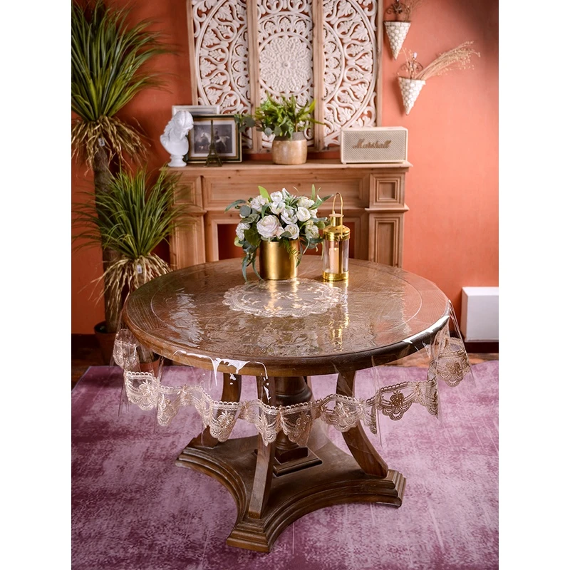 3757圆桌布PVC蕾丝防水防油免洗透明软玻璃水晶板桌垫欧式餐桌布