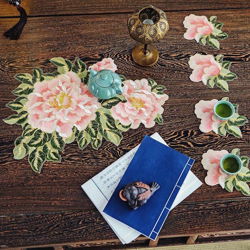 2948刺绣餐垫茶席茶杯垫新中式桌面隔热垫中国风刺绣牡丹花碗盘垫