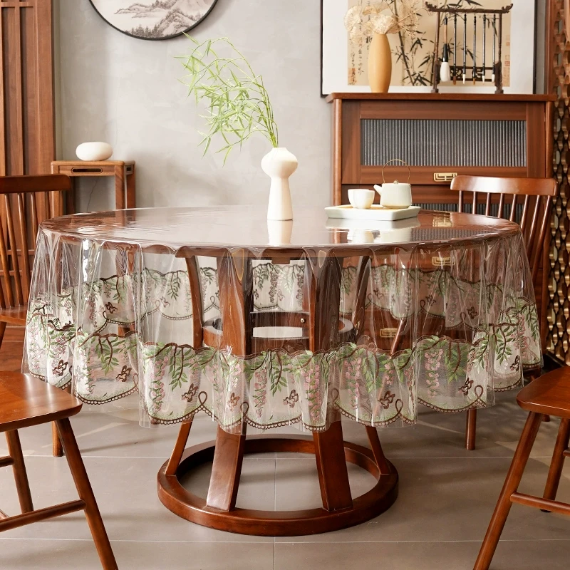 新中式圆桌布轻奢透明pvc防油防水茶几刺绣圆形餐桌布台布