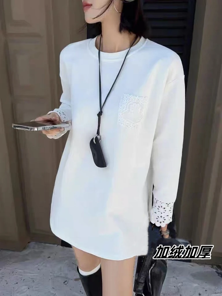 【加绒加厚】2024新款蕾丝口袋时尚休闲百搭宽松圆领ins韩版