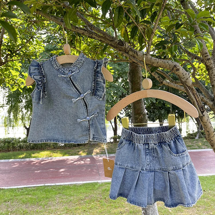 女童套装2024夏季新款儿童时尚洋气国风牛仔裙裤两件套女宝宝夏款