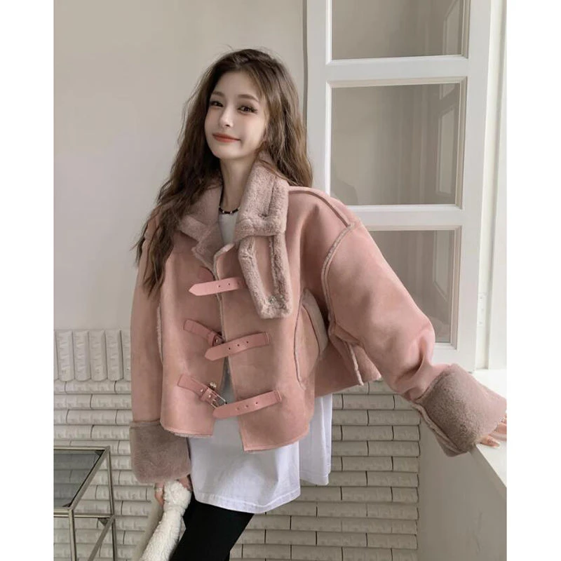 设计感高级感外套女秋冬粉色甜美小个子短款加厚皮毛一体机车棉服