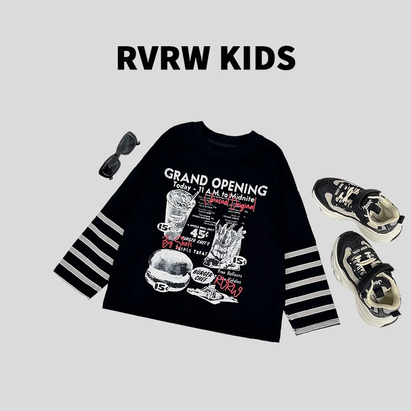 秋季潮酷童装时尚假两件拼接条纹洋气百搭儿童打底衫T恤 QY-HM377