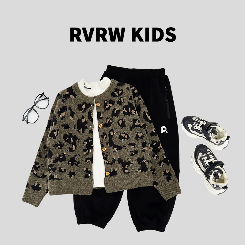 冬季洋气童装时尚豹纹休闲百搭针织男儿童毛衣开衫外套 DY-GD048
