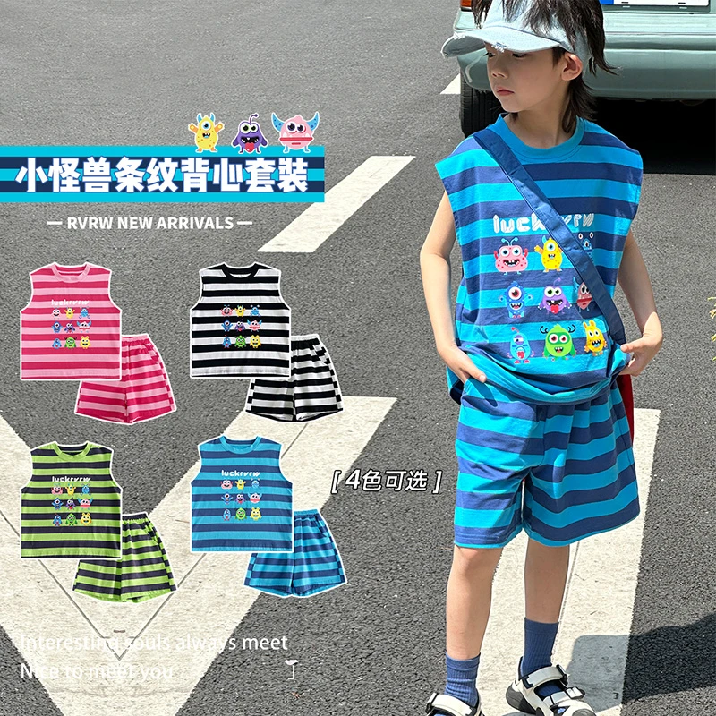 【古灵精怪】2024年新款夏季卡通条纹儿童童装无袖套装 XT-BK471