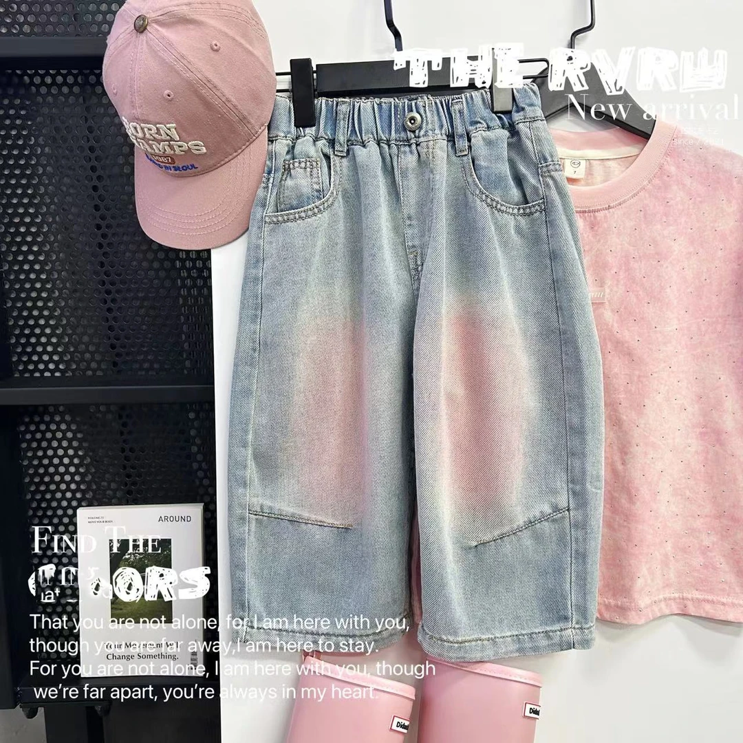 腮红牛仔七分裤潮流夏季男儿童2024年潮口袋童装牛仔裤 XK-TX115