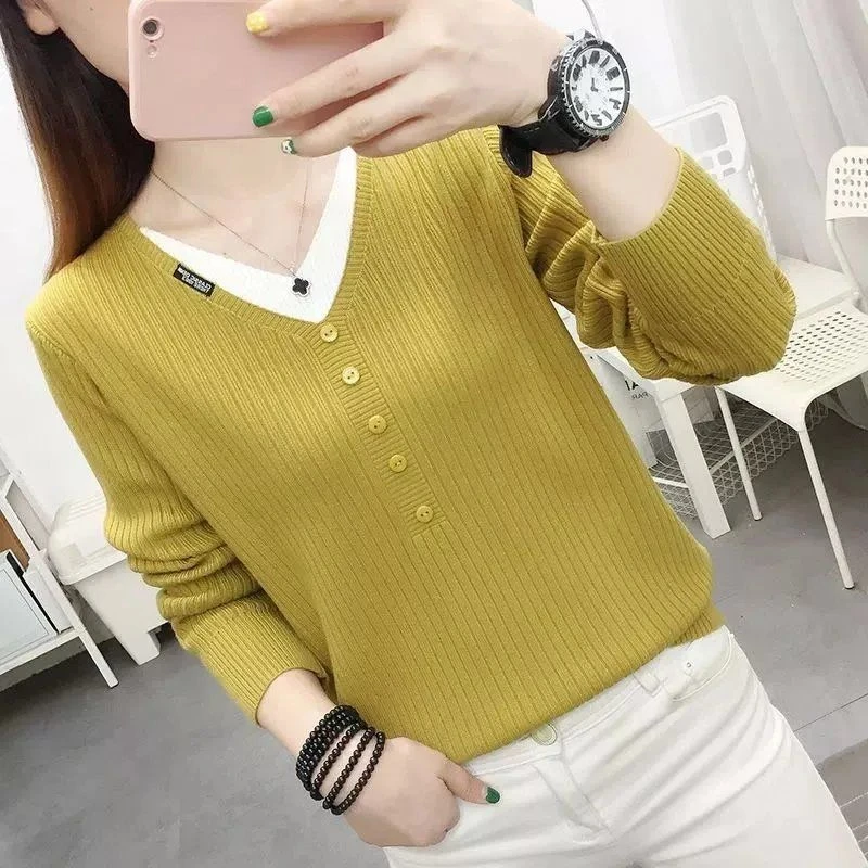 宽松显瘦【80-200斤】假两件针织衫毛衣女秋冬季V领洋气打底上衣