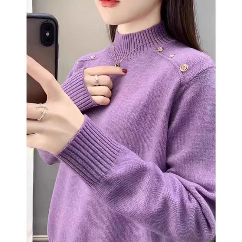 700【紫半高领纽扣毛衣】高级感气质针织女毛衣