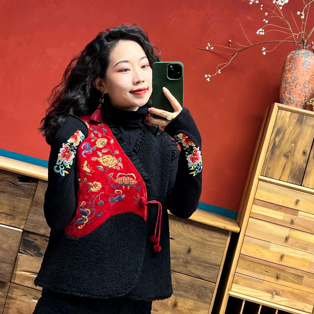 【君蔓绿】中式民族风重工刺绣加棉加厚无袖背心秋冬马甲