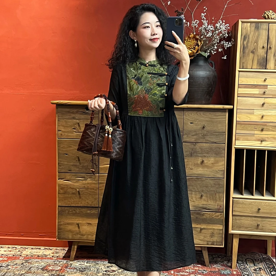 国风民族风立领重工刺绣修身显瘦提花设计感连衣裙L047