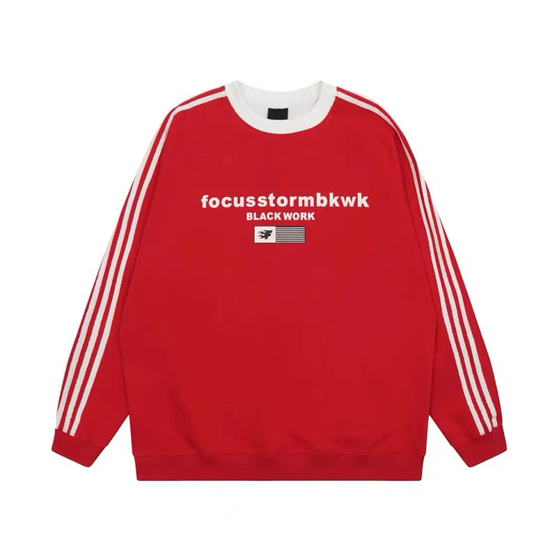 80206#侧边条纹设计圆领无帽卫衣女宽松百搭本命年休闲运动外套